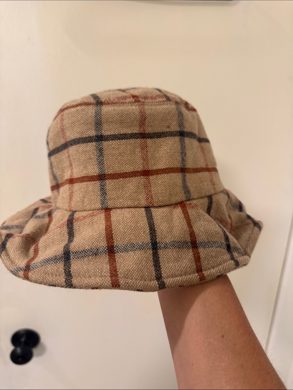 Beige Plaid Wool Blend Bucket Hat - Casual Women's Hat